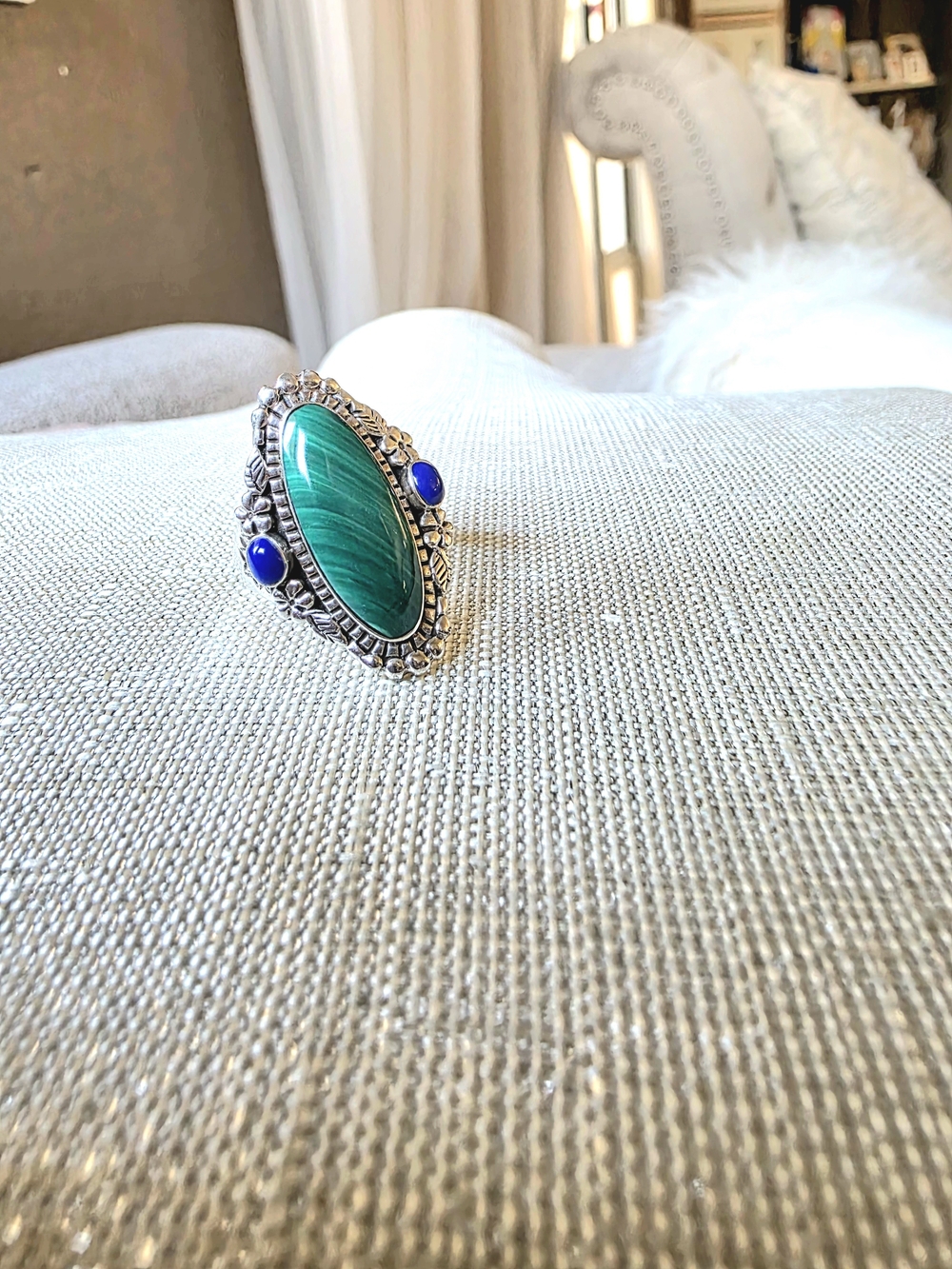 925 Sterling Silver Green Malachite & Blue Stone Statement Ring Size 8 - Picture 13 of 13